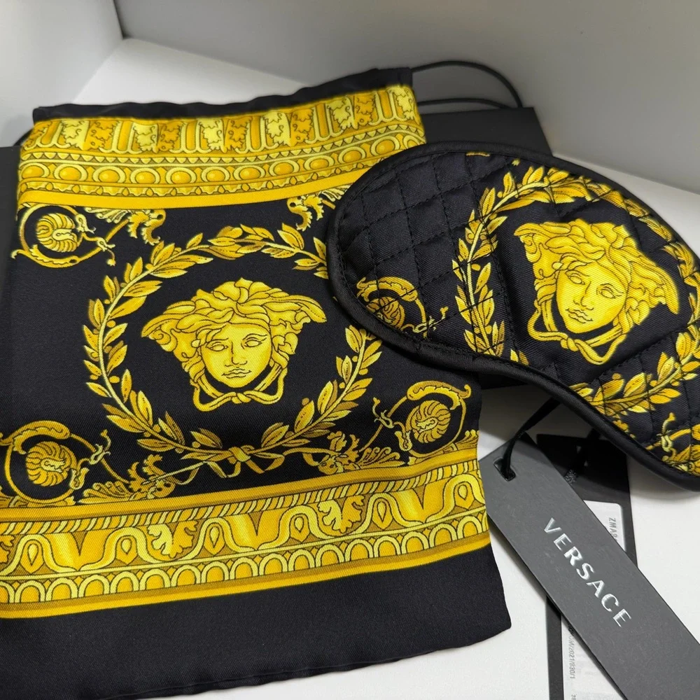 Versace Silk Black and Gold Sleep Mask and Matching Pouch Set